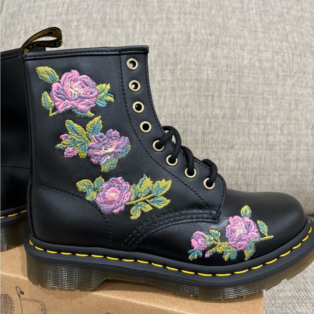 Dr. Martens Black Boots with Pink and Green Floral Design